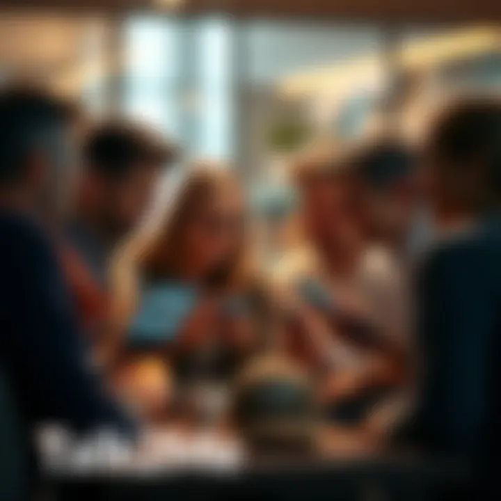 People connecting through Talk2Me app A group of people discussing their thoughts and feelings, using the Talk2Me app on their devices, showing support and understanding.