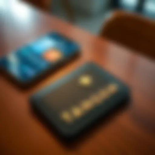 A Tangem Wallet lying on a wooden table with a smartphone displaying cryptocurrency apps next to it