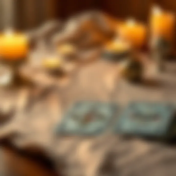 Three tarot cards laid out on a table with a soft cloth and candles in the background.