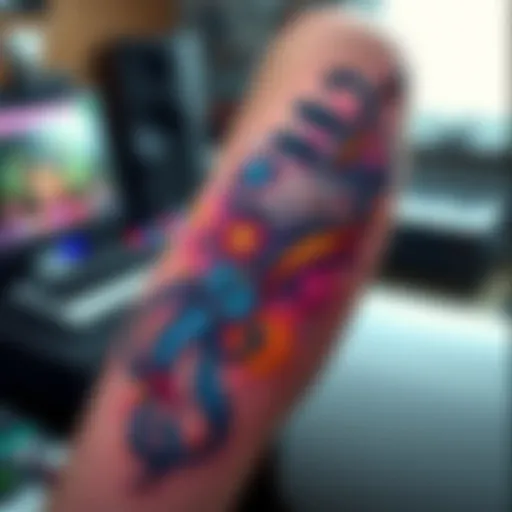 Unique tattoo by Michał Szczechowski featuring elements of music and video games, showcasing vibrant colors and intricate details.
