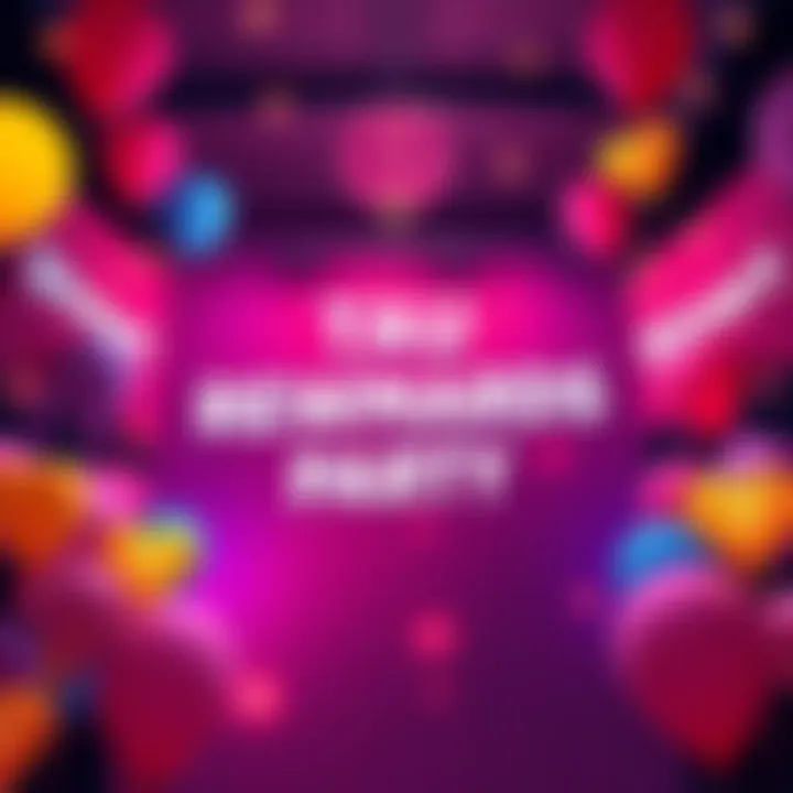 Celebration scene with balloons and banners promoting a rewards party with TAU and BitMart, featuring festive atmosphere and hints of prizes