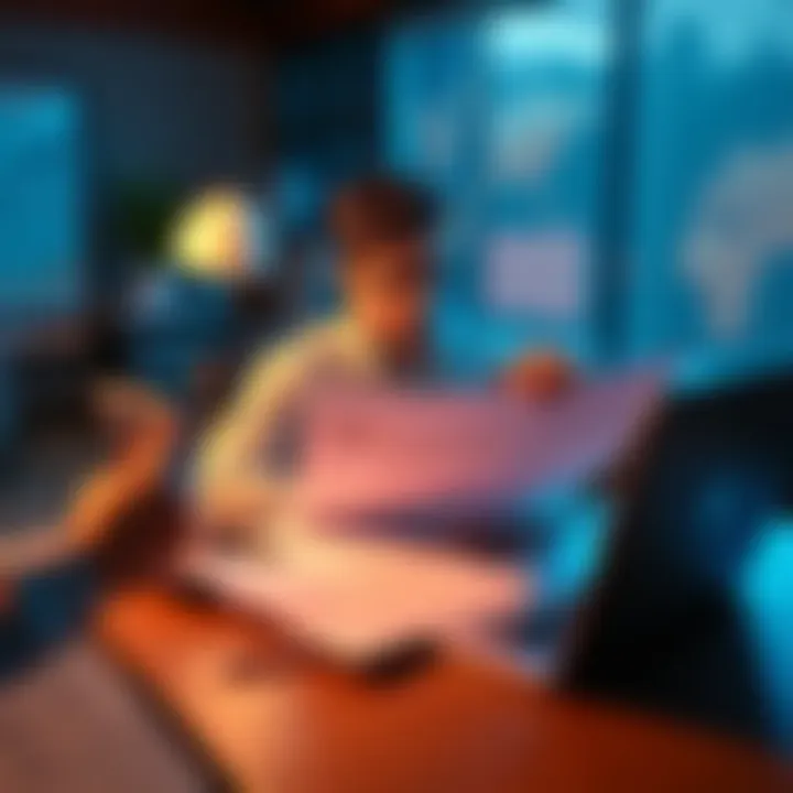 A person sits at a desk surrounded by tax documents and a laptop, looking concerned about financial decisions regarding staking rewards.