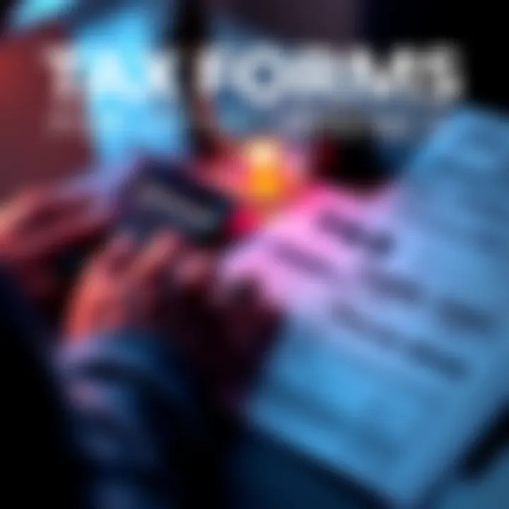 Tax Forms for Cryptocurrency A person reviewing tax forms with a calculator, papers including Form 1099-DA and Form 8949 on the table, indicating tax preparation for crypto profits.