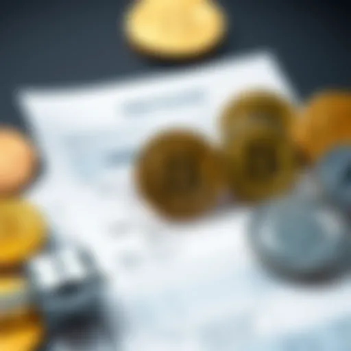A tax form alongside various cryptocurrency coins symbolizing staking income reporting requirements