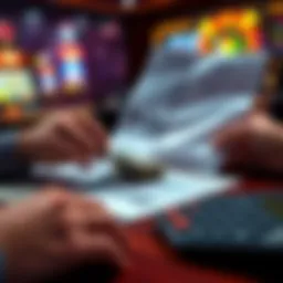 A person reviewing documents related to online gambling wins and taxes, with cash and a calculator on the table.