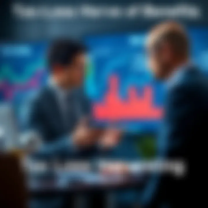 A financial advisor explaining tax-loss harvesting strategies to a client, with charts showing losses and potential tax savings in the background.