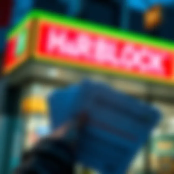 A person holding tax documents with a H&R Block sign in the background