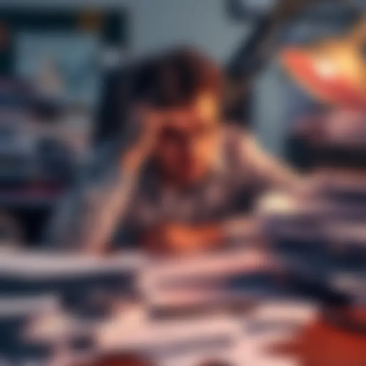A person looking frustrated at a cluttered desk covered with tax forms and financial papers, struggling to organize their investment records.