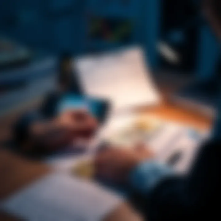 A person analyzing cryptocurrency transactions with dollar bills and tax forms on a desk