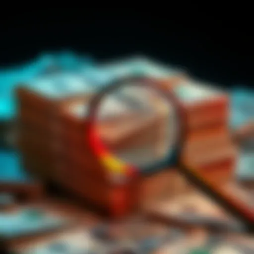 A graphic showing stacks of cash with a magnifying glass, symbolizing scrutiny of taxpayer money in controversial schemes.