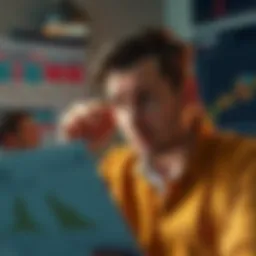 Taxpayer looking stressed while reviewing IRS tax documents and crypto market charts