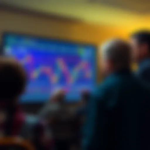 A group of concerned taxpayers looking at a fluctuating crypto market graph on a screen, expressing worry about potential bailouts using tax dollars.