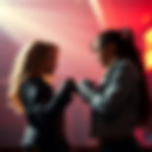 A dramatic duel scene showing Tayla and Jolene in a standoff, ready to fight, with a tense atmosphere around them.