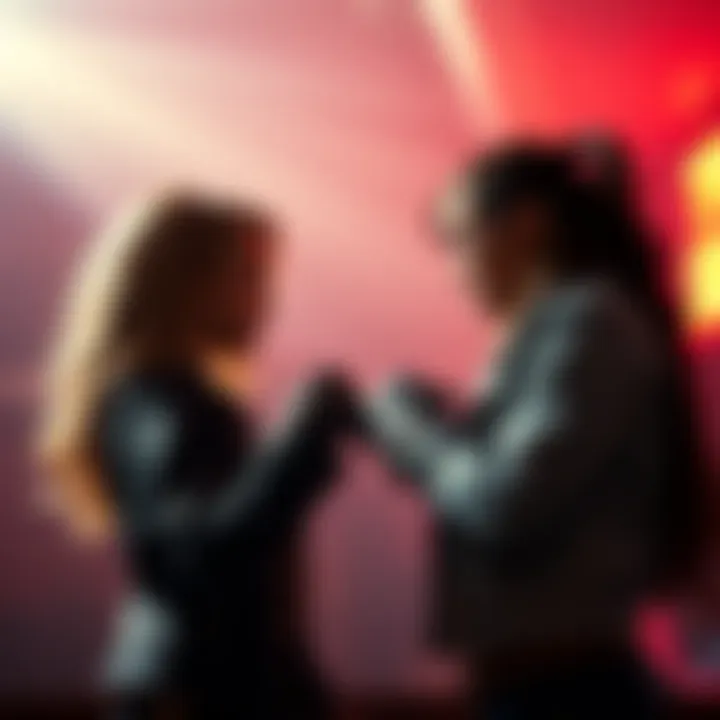 A dramatic duel scene showing Tayla and Jolene in a standoff, ready to fight, with a tense atmosphere around them.