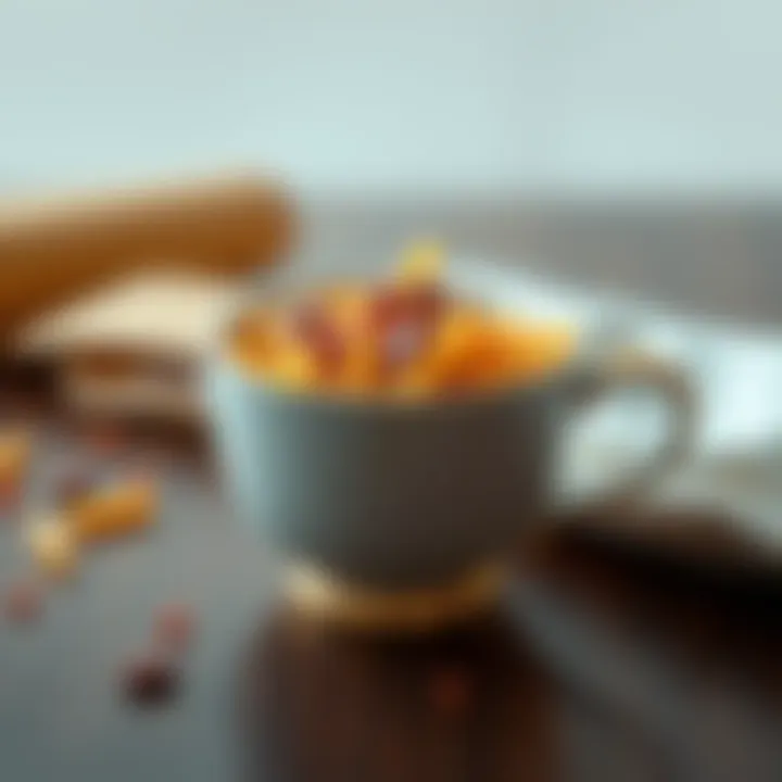 A teacup filled with pasta, surprising viewers with its unexpected contents.