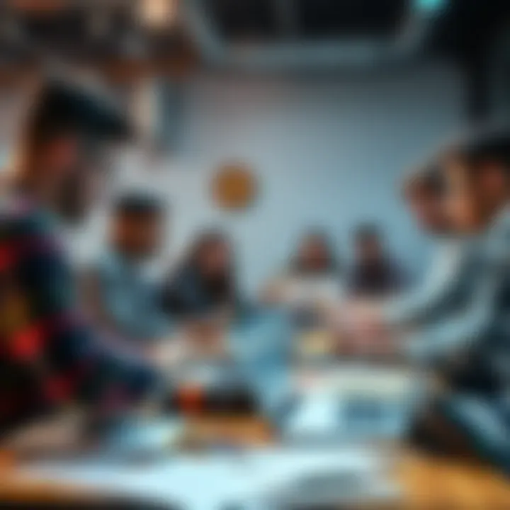 A diverse group of first-year computer science students brainstorming ideas at a table during a hackathon, with laptops and notes scattered around.