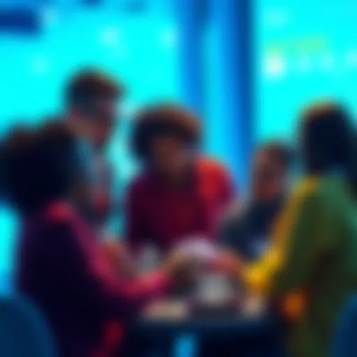 A group of diverse individuals discussing ideas and reflecting on their hackathon experience, focusing on growth and learning.