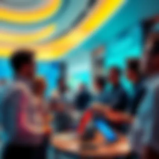 A group of professionals engaged in discussion about blockchain technology at the Consensus2026 event in Miami, surrounded by digital displays and networking tables.