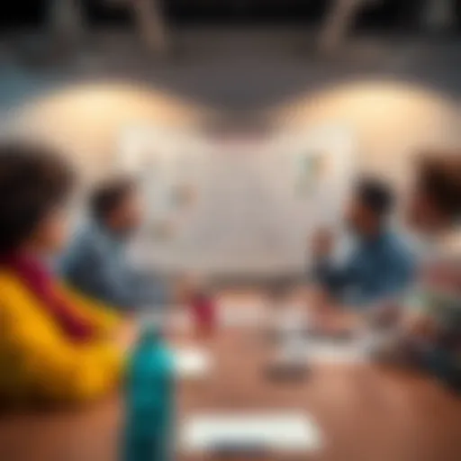 A group of people sitting around a table, discussing and writing ideas on a whiteboard, looking engaged and collaborative