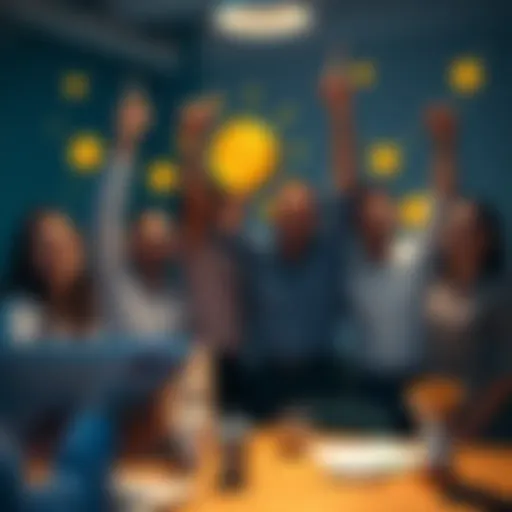 A group of colleagues joyfully celebrating their achievements at work, with some Bitcoin symbols in the background, marking the end of the week.