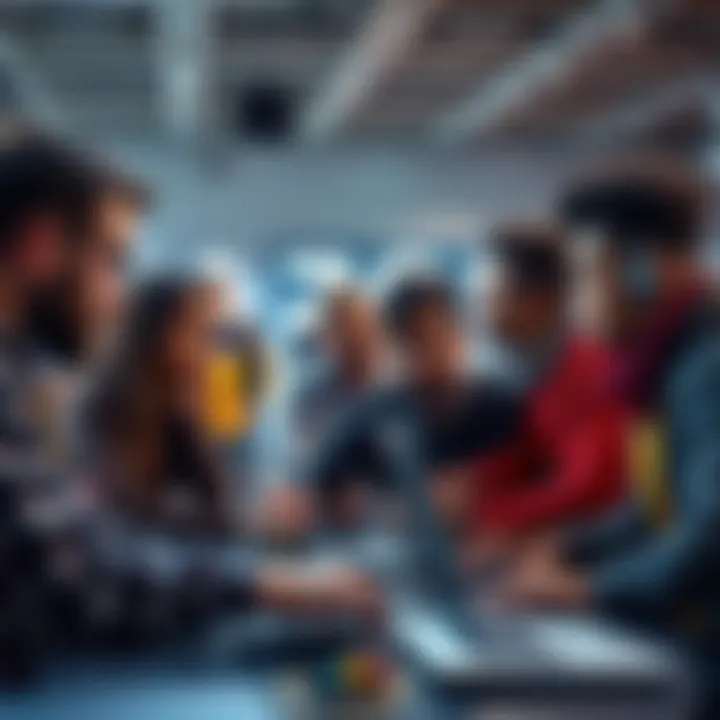 A group of diverse people brainstorming and coding together at a hackathon event