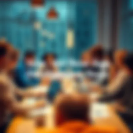 A group of diverse app developers and project managers brainstorming ideas around a table with laptops and notes.