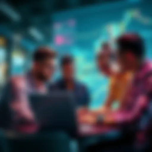 A group of diverse people working together on blockchain projects, discussing ideas around a laptop with coding on the screen.
