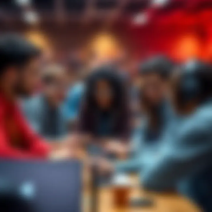 A diverse group of people discussing ideas and coding together in a collaborative environment for Hack Princeton.