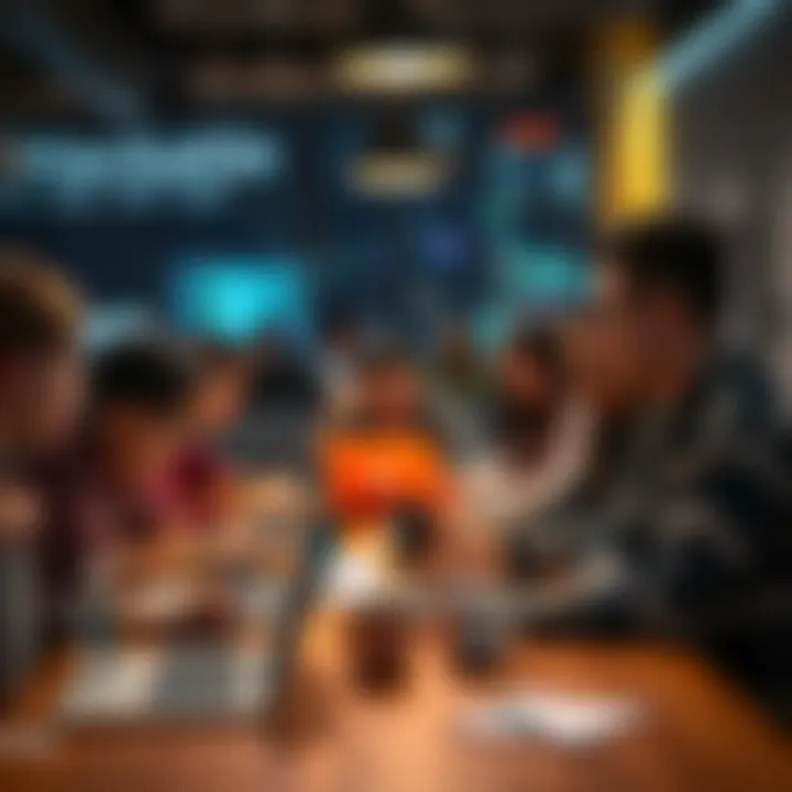 A diverse group of people brainstorming together at a table, with laptops open and coding materials around them, ready for the Singapore hackathon.