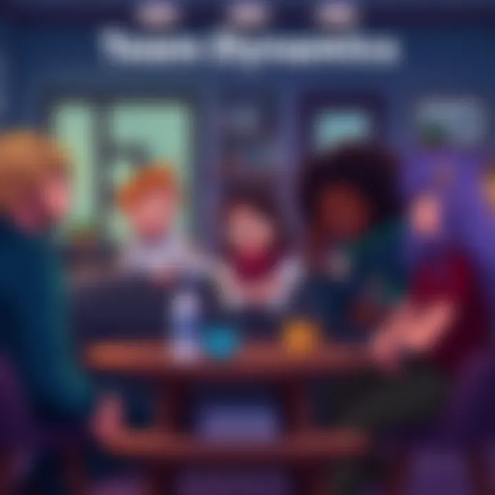 A group of diverse characters discussing teamwork strategies, highlighting friendship and conflict, set in a cozy environment.