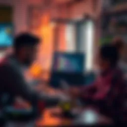 A person working on a laptop with code on the screen, discussing ideas with another person in a cozy workspace, representing teamwork for hackathons in technology.