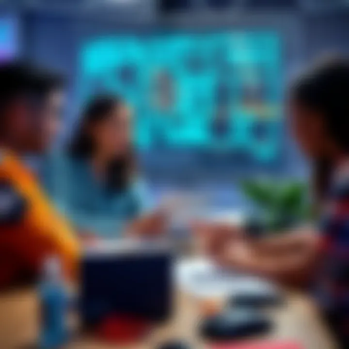A diverse group of three young people, including a 21-year-old student, discussing ideas at a hackathon with laptops and notes on a table.