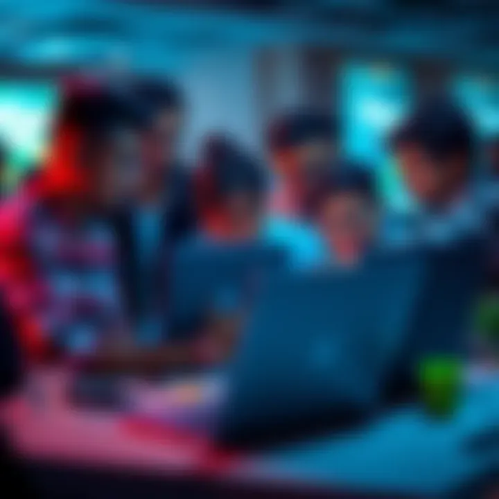 A diverse group of young people collaborating at a hackathon, with laptops and brainstorming ideas together, emphasizing teamwork and creativity in Chennai.
