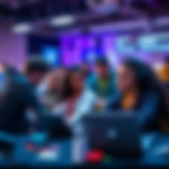Group of diverse people collaborating on laptops during a hackathon