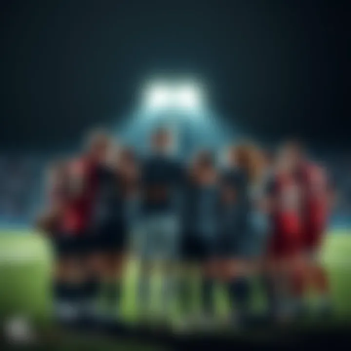 A diverse group of athletes huddled together, showcasing camaraderie and teamwork on the field