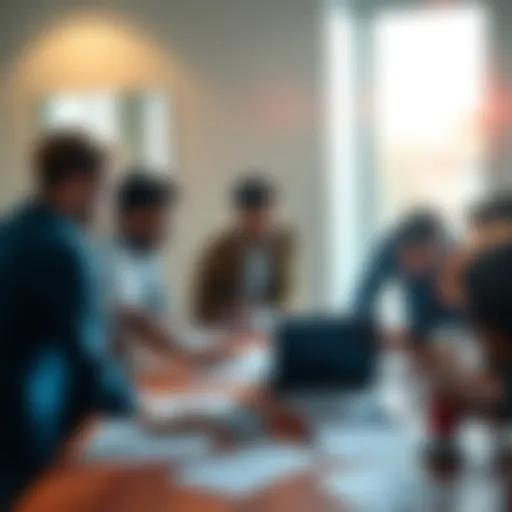 A group of diverse people collaborating around a table with papers and a laptop, brainstorming solutions to challenges.