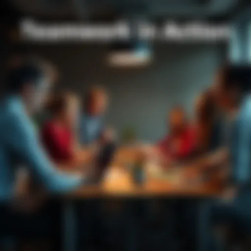 Teamwork in Action A diverse group of professionals collaborating around a table, discussing ideas with open laptops and notes, showcasing humility in leadership.