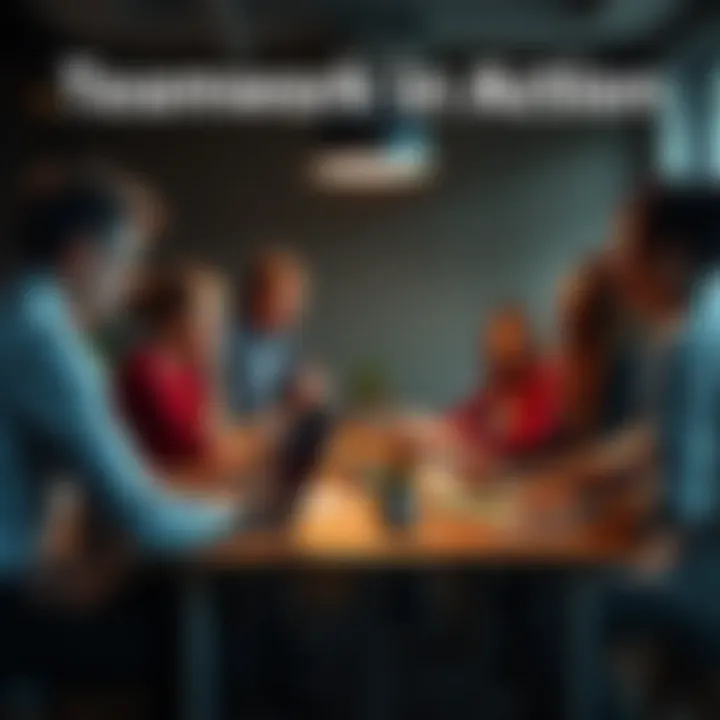 Teamwork in Action A diverse group of professionals collaborating around a table, discussing ideas with open laptops and notes, showcasing humility in leadership.