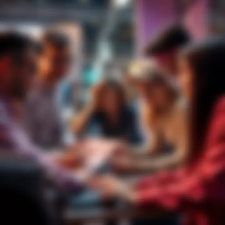 A diverse group of students collaborating on a machine learning project, discussing ideas with laptops and notes.