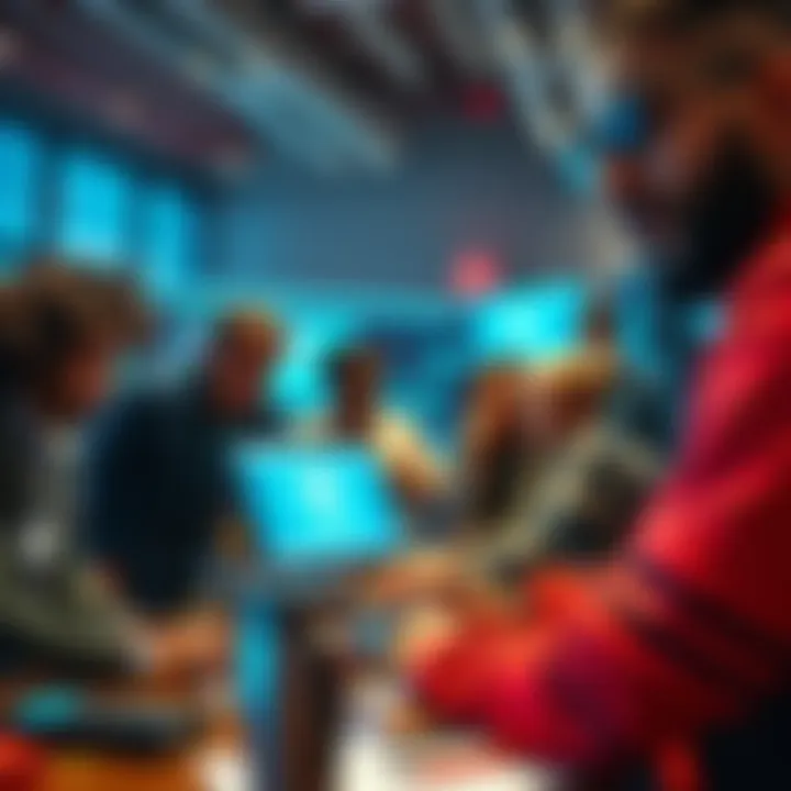Group of diverse people collaborating on a computer at a desk, brainstorming ideas for a hackathon