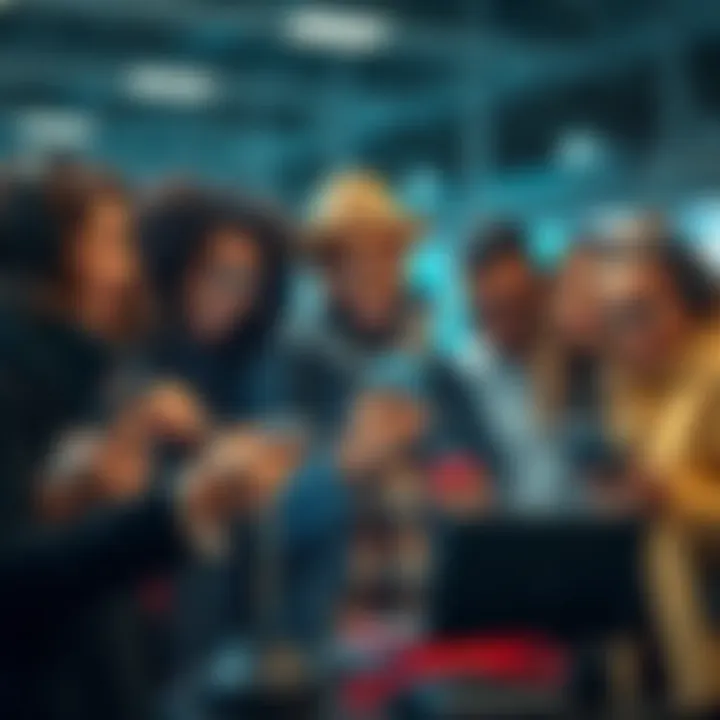 A group of diverse individuals gathered around the latest technology gadgets, showcasing excitement and collaboration in a modern setting.