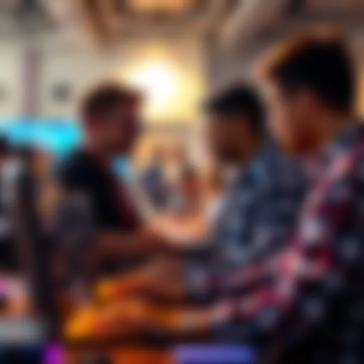 Tech event collaboration People collaborating at a tech event, brainstorming and coding together