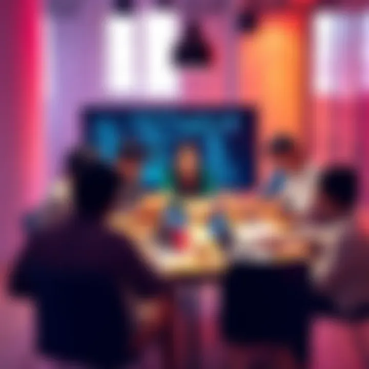 A group of diverse people collaborating at a tech hackathon, with laptops and brainstorming materials on the table.