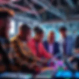 Tech Innovation in Action A diverse group of people collaborating on a tech project, showcasing practical applications of technology for real-world solutions.