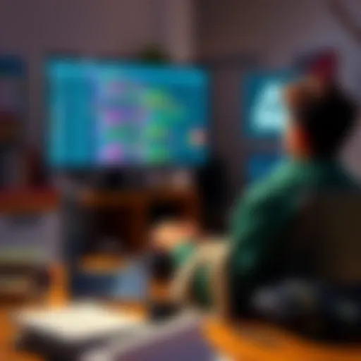 Tech Stack for Algorand Development A student sitting at a desk with a laptop, looking at a screen displaying code and Algorand logos, with books and notes around them.