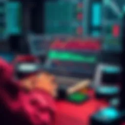 A person using a laptop with stock charts and tech gadgets on the table, analyzing data for trading.