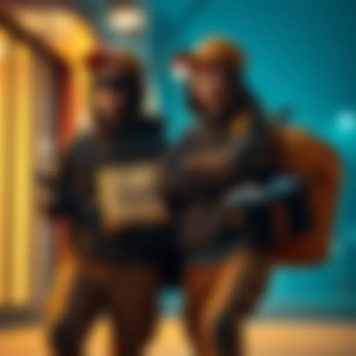 Two teenagers in Amazon courier outfits carrying bags filled with cryptocurrency devices, looking around cautiously