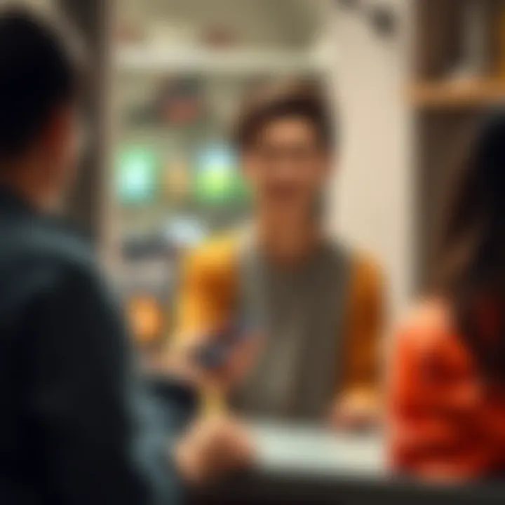 Teen entrepreneur accepting bitcoin payment A teenager stands behind a small business counter, smiling while using a mobile device to accept a bitcoin payment. Bitcoin logo is visible on the screen.