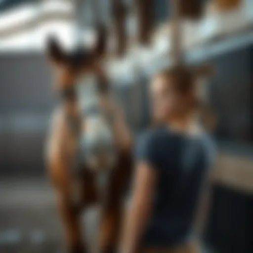 A 17-year-old girl standing in a stable, looking thoughtfully at a horse, considering the costs of ownership.