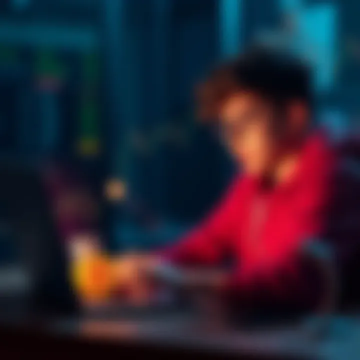 A teenager looking at a laptop with Bitcoin graphs and coins on the screen, excited about investing.